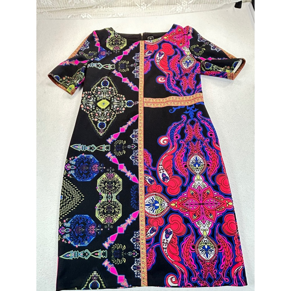 RM Richards Paisley Geometric Sheath Dress Women 12 Black Multi Vibrant